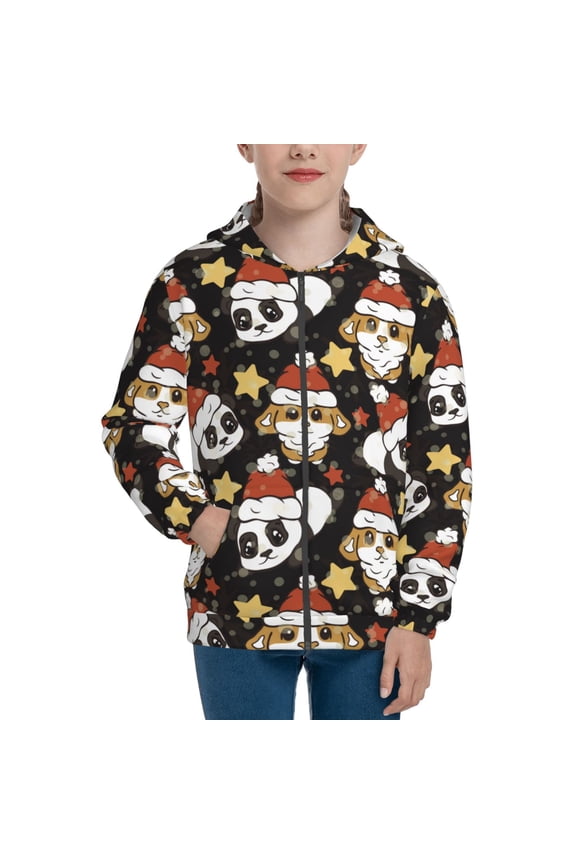 Cute Dog Panda Teenage Zipper Hoodie, Long Sleeve Zip Up Hoodies Casual Jackets Tops for 7-12 Years-Small