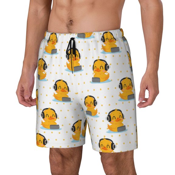 Naloa Cute Duck With Headphone Print Men Swim Trunks with Compression Liner ,Board Shorts,Men's Swim Shorts with Drawstring and Elastic Waistband-Small