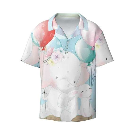 Naloa Cute Elephant Men's Loose Fit Cuban Collar Short-Sleeve Shirt with Button-down and Chest Pocket for Everyday Wear Outings - X-Large