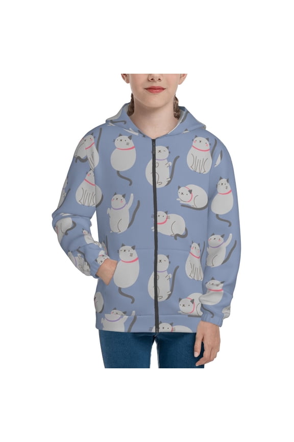 Cute Fat Cat Teenage Zipper Hoodie, Long Sleeve Zip Up Hoodies Casual Jackets Tops for 7-12 Years-Small