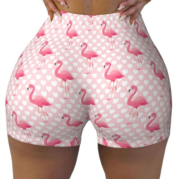 Naloa Cute Flamingo with Heart Biker Shorts for Women Seamless Scrunch Short Women’s Yoga Shorts for Gym Running Sport Shorts - Small