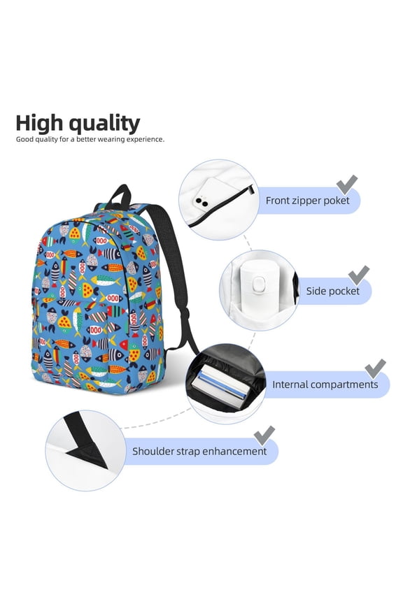 Cute Flat Fish Print Durable Canvas College Rucksack,Laptop Excursion Backpack,Travel Notebook School Backpack,Bookbag For Men Women