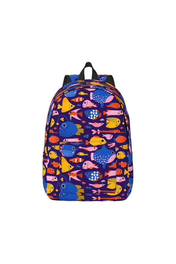 Cute Flat Hand Drawn Fishes Canvas Backpack for Men Women Rucksack Casual Travel Daypack College Tote Satchel Bookbag for Teens-Small