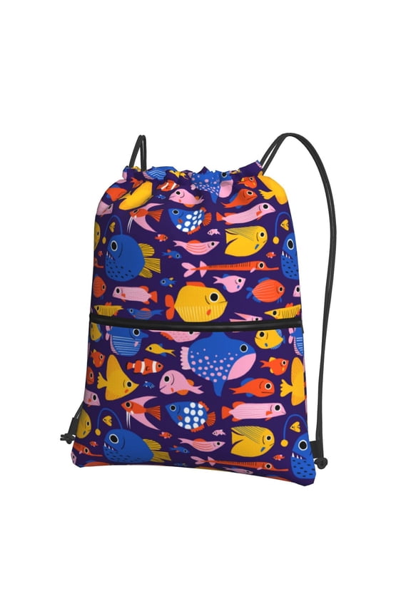 Cute Flat Hand Drawn Fishes Drawstring Backpack String Bag Cinch Water Resistant for Gym Shopping Sport Yoga