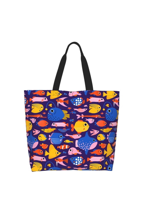 Cute Flat Hand Drawn Fishes Tote Bag for Women Large Capacity Shoulder Bag for College Work Travel Shopping