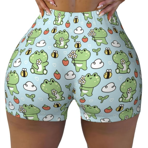 Naloa Cute Floral Frog Biker Shorts for Women Seamless Scrunch Short Women’s Yoga Shorts for Gym Running Sport Shorts - X-Large
