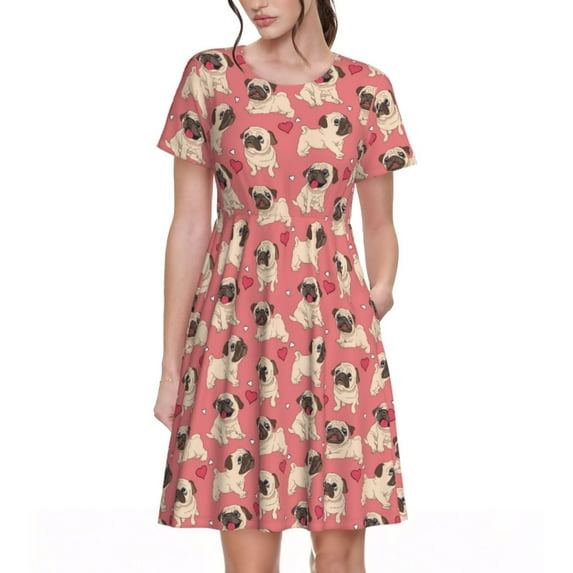 Naloa Cute French Bulldog Print Womens Summer A-Line Dress with Pockets,Short Sleeve Dresses,Flowy Beach Swing Dress for Vacation Travel