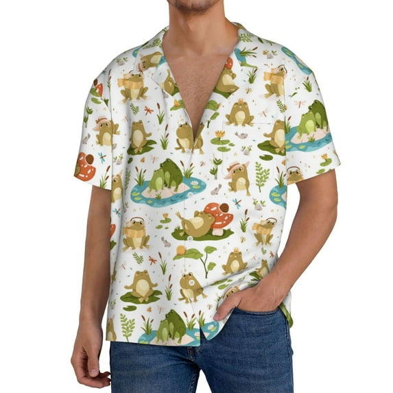 Naloa Cute Frog Men's Loose Fit Cuban Collar Short-Sleeve Shirt, Hawaiian Shirts, Mens Shirts Casual for Everyday Wear Outings-4X-Large