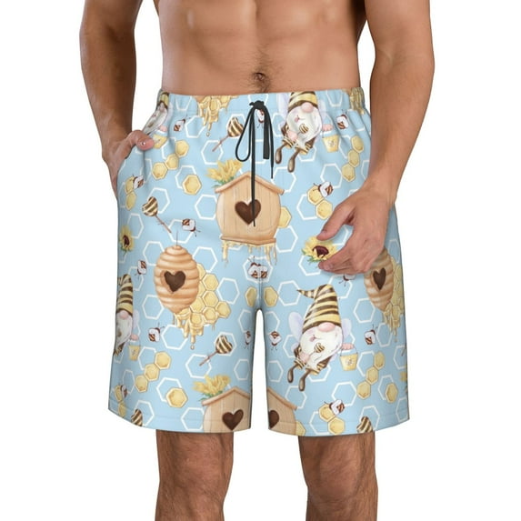 Naloa Cute Gnome Bee Collects Honey Men's Beach Shorts, Surfing shorts, Swim trunks, Quick Dry Swim Trunks for Surfing Beach Fun - Large