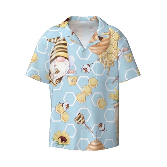 Naloa Cute Gnome Bee Collects Honey Men's Loose Fit Cuban Collar Short-Sleeve Shirt with Button-down and Chest Pocket for Everyday Wear Outings - Large