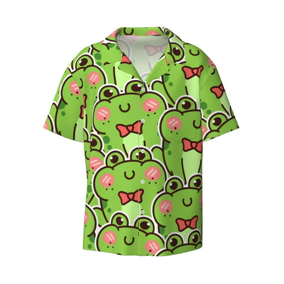 Naloa Cute Green Frog Men's Loose Fit Cuban Collar Short-Sleeve Shirt with Button-down and Chest Pocket for Everyday Wear Outings - Small