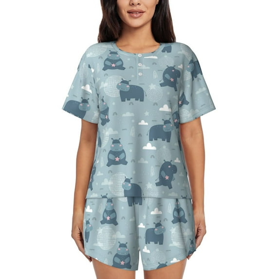 Naloa Cute Hippopotamus Women's Short-Sleeved Pajama Set, Loungewear, Summer pajamas, Breathable Cozy - Medium