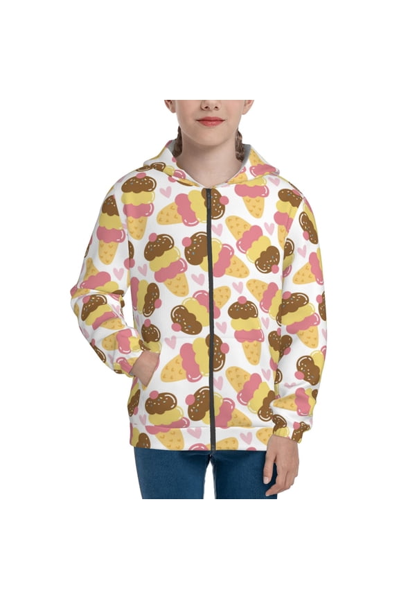 Cute Ice Cream Teenage Zipper Hoodie, Long Sleeve Zip Up Hoodies Casual Jackets Tops for 7-12 Years-Medium