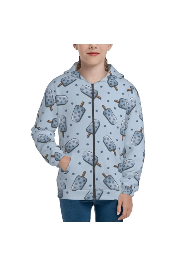 Cute Ice Cream Teenage Zipper Hoodie, Long Sleeve Zip Up Hoodies Casual Jackets Tops for 7-12 Years-Small
