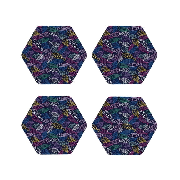 Naloa Cute Line Fish Leather Coasters for Drinks, Durable Drink Coasters 4 Set for Tabletop Protection, Luxurious Home Décor and Housewarming Gift ( {designName})Hexagon