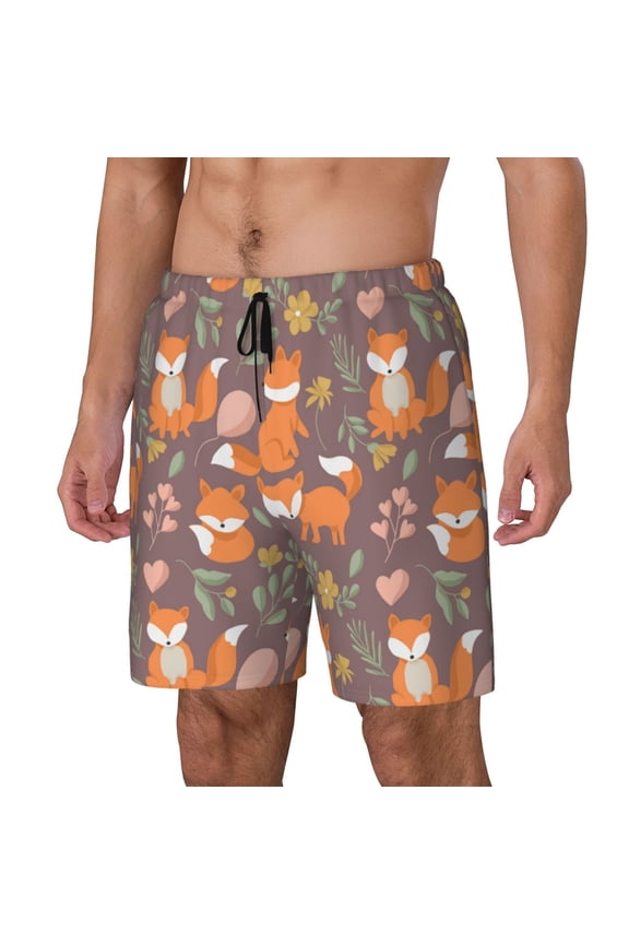 Cute Little Fox Print Men Swim Trunks with Compression Liner ,Board Shorts,Men's Swim Shorts with Drawstring and Elastic Waistband-Medium