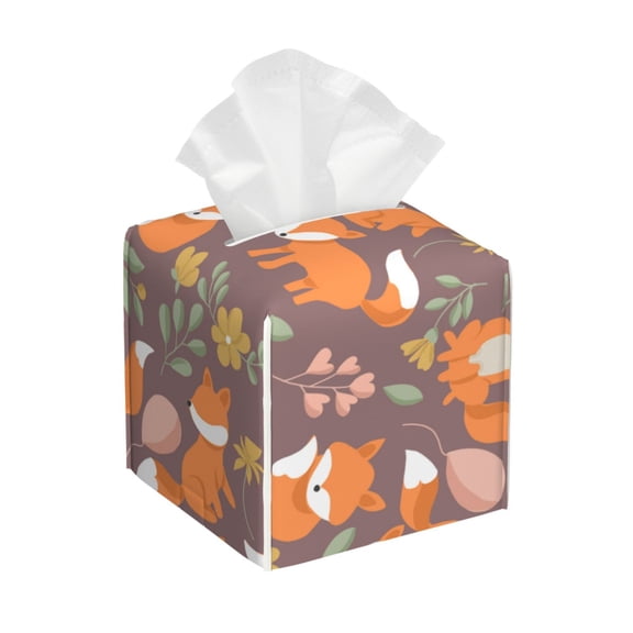 Naloa Cute Little Fox Tissue Box Cover Leather Tissue Holder Square Facial Tissue Case for Bathroom, Vanity Countertop, Tabletop, Car