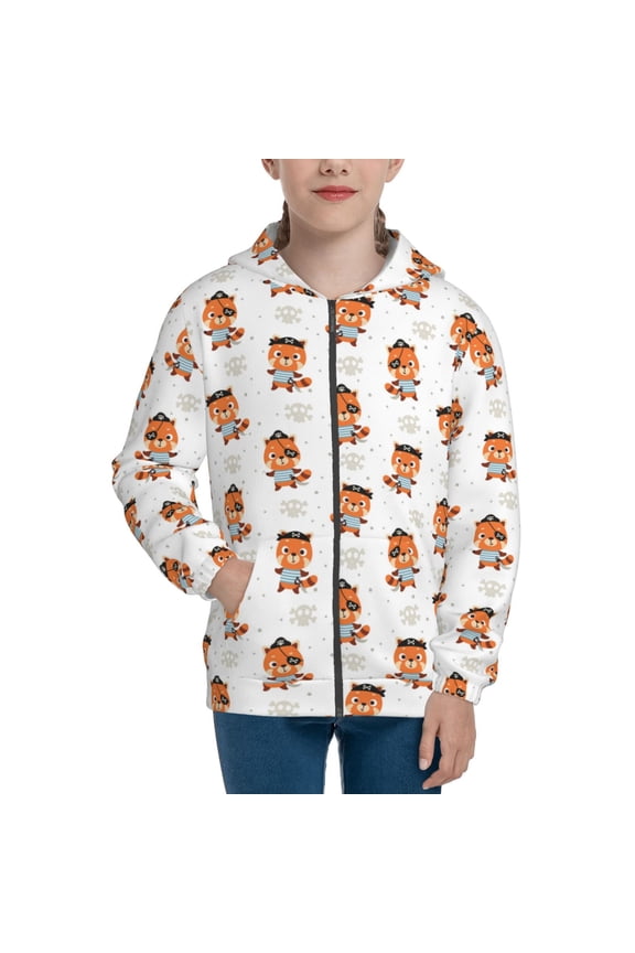 Cute Little Pirate Red Panda Teenage Zipper Hoodie, Long Sleeve Zip Up Hoodies Casual Jackets Tops for 7-12 Years-