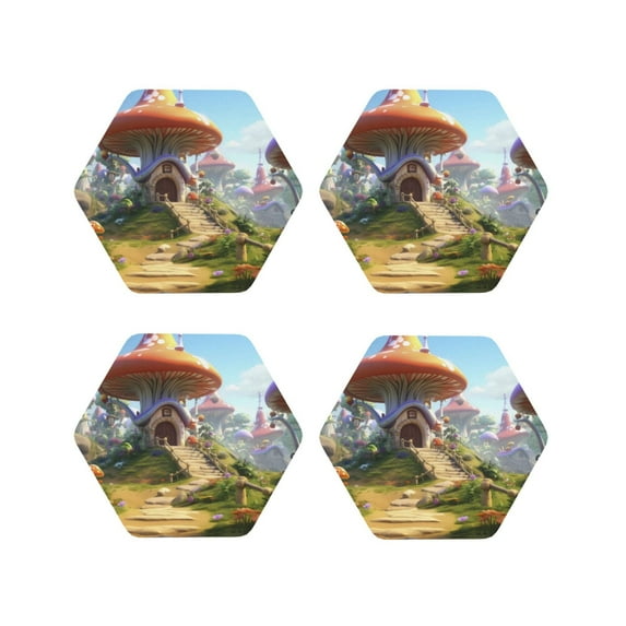 Naloa Cute Mushroom Town Leather Coasters for Drinks, Durable Drink Coasters 4 Set for Tabletop Protection, Luxurious Home Décor and Housewarming Gift ( {designName})Hexagon