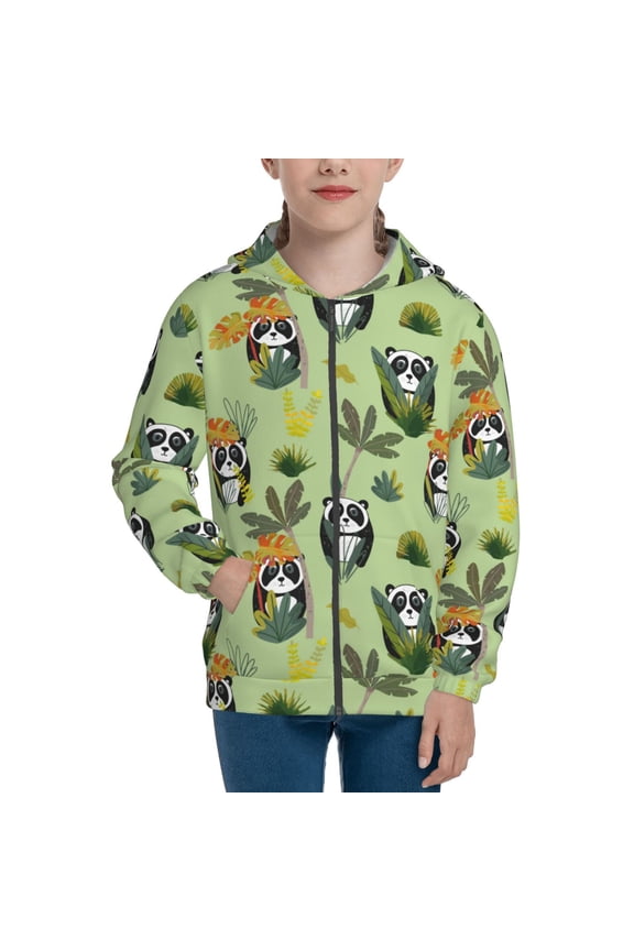 Cute Panda Bear In Greenery Forest Teenage Zipper Hoodie, Long Sleeve Zip Up Hoodies Casual Jackets Tops for 7-12 Years-Small