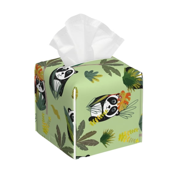 Naloa Cute Panda Bear In Greenery Forest Tissue Box Cover Leather Tissue Holder Square Facial Tissue Case for Bathroom, Vanity Countertop, Tabletop, Car