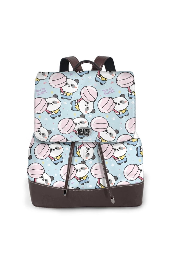 Cute Panda Bear Print Women's Leather Backpack,Travel Laptop Backpack,Fashion Ladies Leather Backpack Bag for Travel,Leather Drawstring Daypack for Me