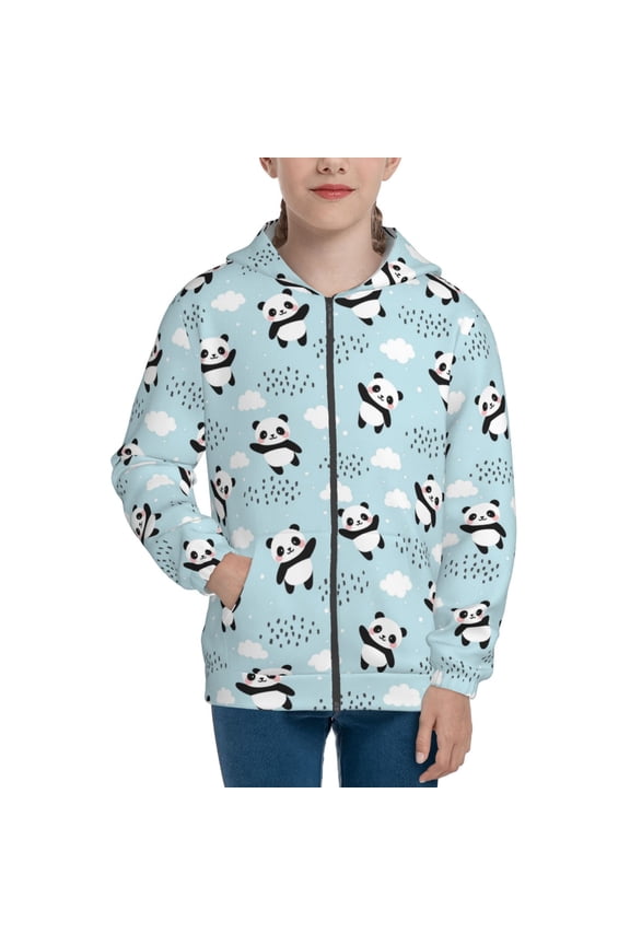 Cute Panda Bear Teenage Zipper Hoodie, Long Sleeve Zip Up Hoodies Casual Jackets Tops for 7-12 Years-Medium