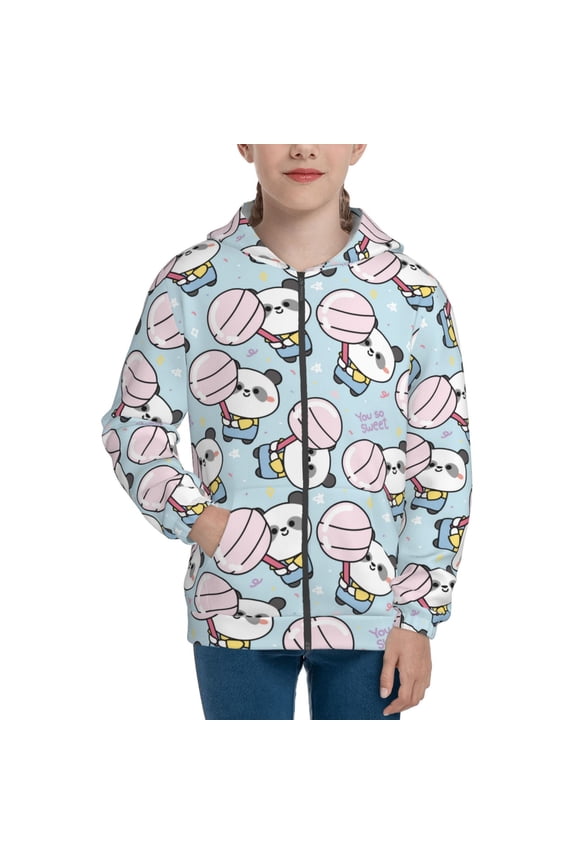 Cute Panda Bear Teenage Zipper Hoodie, Long Sleeve Zip Up Hoodies Casual Jackets Tops for 7-12 Years-Small