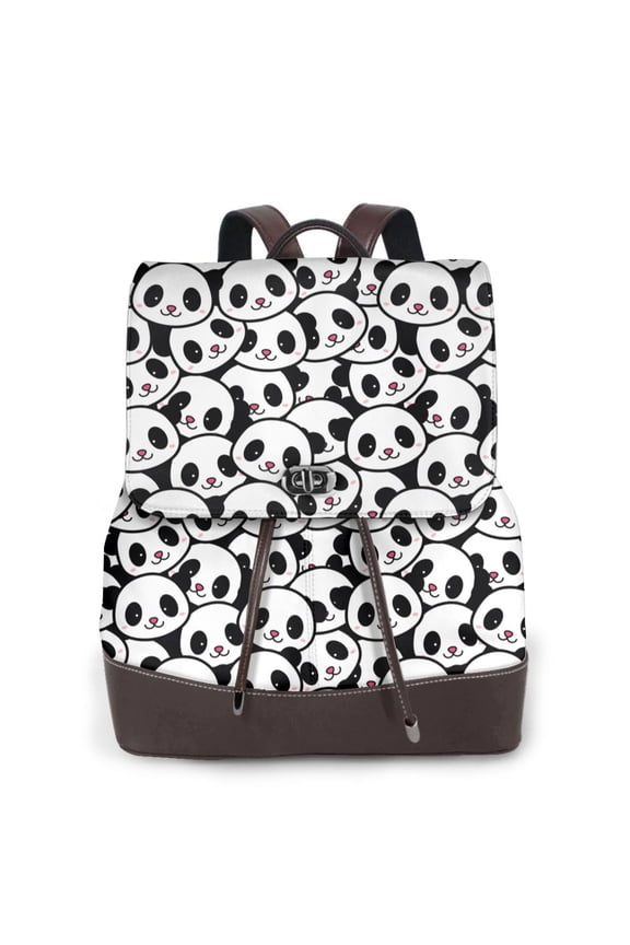 Cute Panda Face Print Women's Leather Backpack,Travel Laptop Backpack,Fashion Ladies Leather Backpack Bag for Travel,Leather Drawstring Daypack for Me