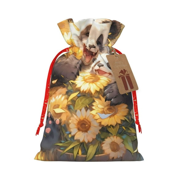 Naloa Cute Panda Sunflower Drawstring Christmas Bags, 3D Xmas Gift Bags, Christmas Wrapping Bags, Xmas Goodie Bags, Treat Pouch Bags, Party Favor Bags-Small