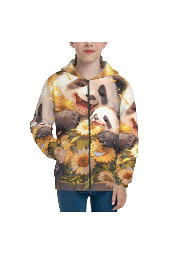 Cute Panda Sunflower Teenage Zipper Hoodie, Long Sleeve Zip Up Hoodies Casual Jackets Tops for 7-12 Years-Medium