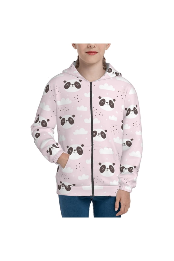 Cute Panda Teenage Zipper Hoodie, Long Sleeve Zip Up Hoodies Casual Jackets Tops for 7-12 Years-Small