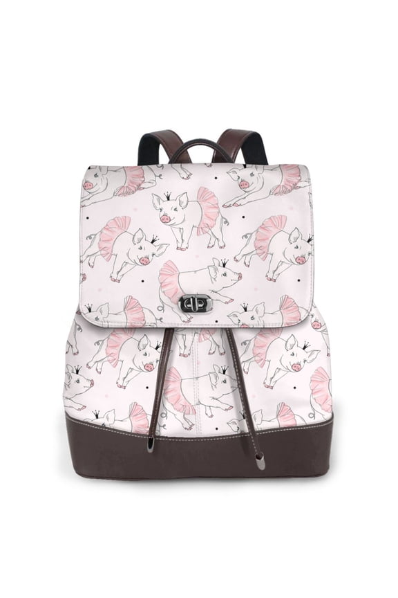 Cute Piggy Ballerina Print Women's Leather Backpack,Travel Laptop Backpack,Fashion Ladies Leather Backpack Bag for Travel,Leather Drawstring Daypack for Me