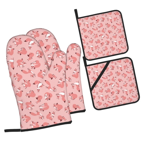 Naloa Cute Pink Squirrel Oven Mitts and Pot Holders 4 pcs Set, Cooking Baking Grilling Kitchen Oven Glove for Cooking