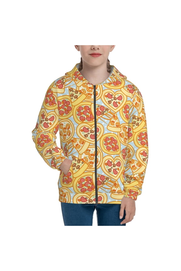 Cute Pizza In Various Teenage Zipper Hoodie, Long Sleeve Zip Up Hoodies Casual Jackets Tops for 7-12 Years-Small