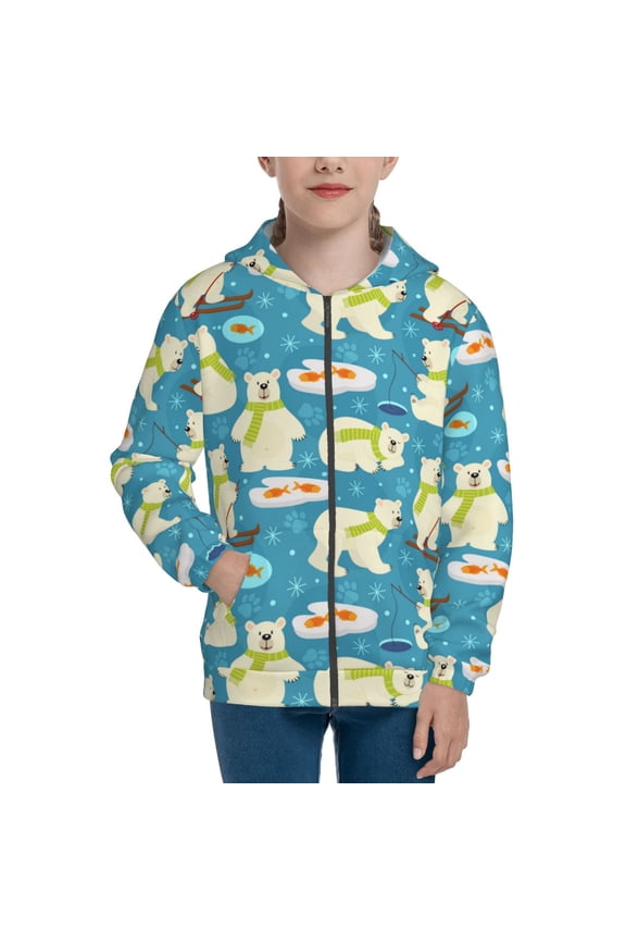 Cute Polar Bear Fishing Teenage Zipper Hoodie, Long Sleeve Zip Up Hoodies Casual Jackets Tops for 7-12 Years-Medium