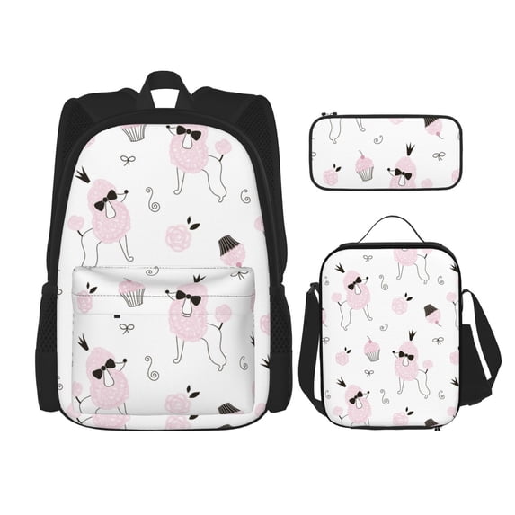 Naloa Cute Poodle Dog Print Large Capacity Backpack Lunch Bag Pencil Case Combination 3 Piece Set for Student