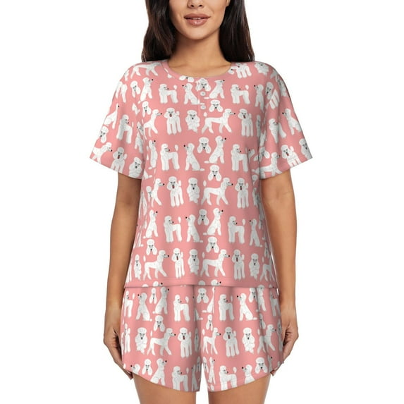 Naloa Cute Poodle Dog Women's Short-Sleeved Pajama Set, Loungewear, Summer pajamas, Breathable Cozy - Medium