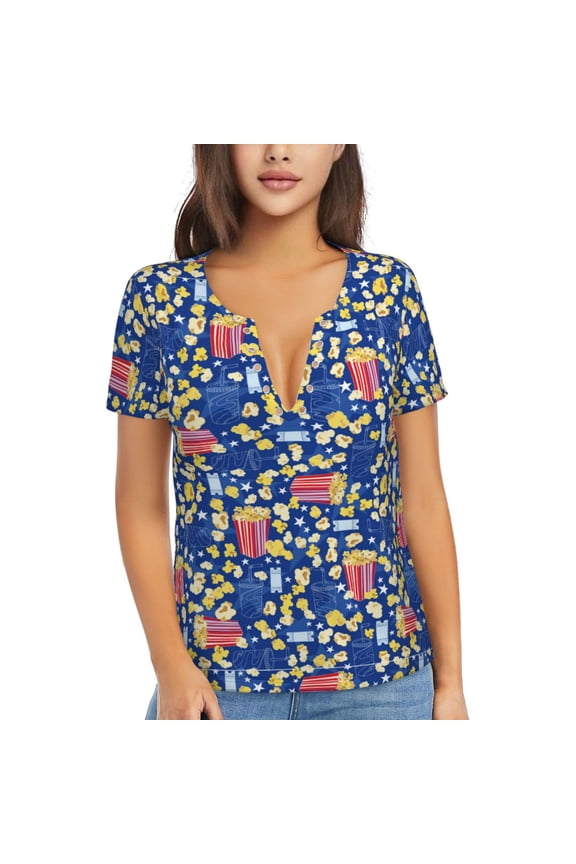 Cute Popcorn Print T-Shirts Short Sleeve V Neck Tees for Women Fashion Tops Trendy Lightweight Soft Casual Summer Outfits Clothes