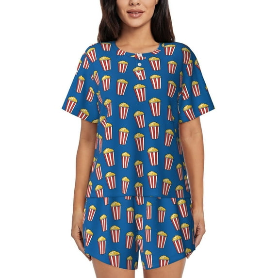 Naloa Cute Popcorn Women's Short-Sleeved Pajama Set, Loungewear, Summer pajamas, Breathable Cozy - X-Large