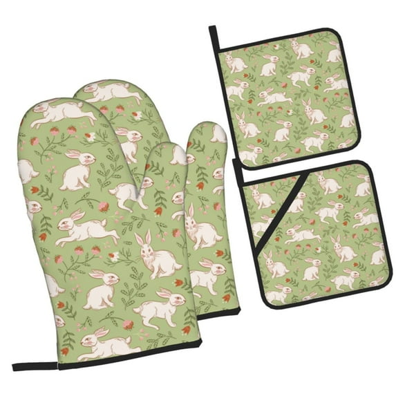 Naloa Cute Rabbit And Flower Oven Mitts and Pot Holders 4 pcs Set, Cooking Baking Grilling Kitchen Oven Glove for Cooking