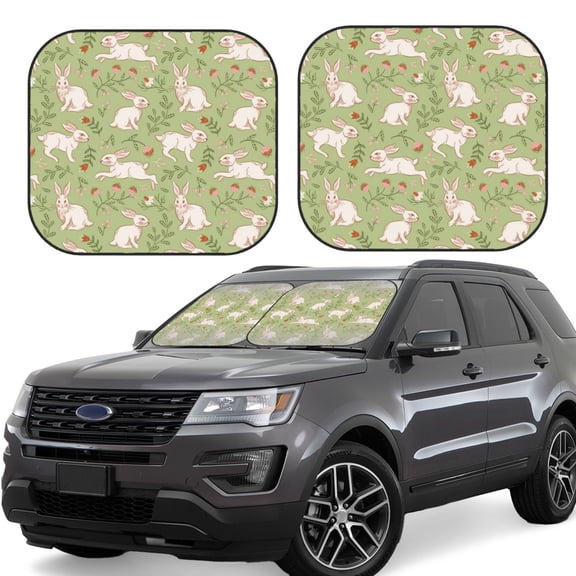 Naloa Cute Rabbit And Flower Print 2-Piece Windshield Sunshade,Foldable Car Front Window Sun Shades,for Most Sedans SUV Truck-Medium