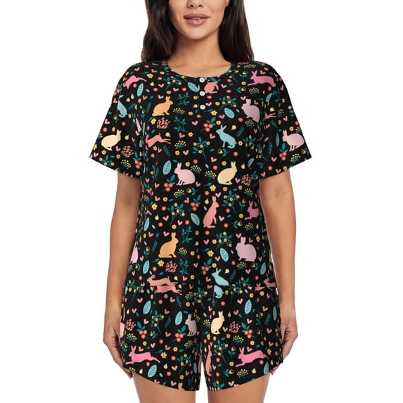 Naloa Cute Rabbit And Flower Women's Short-Sleeved Pajama Set, Loungewear, Summer pajamas, Breathable Cozy - 3X-Large