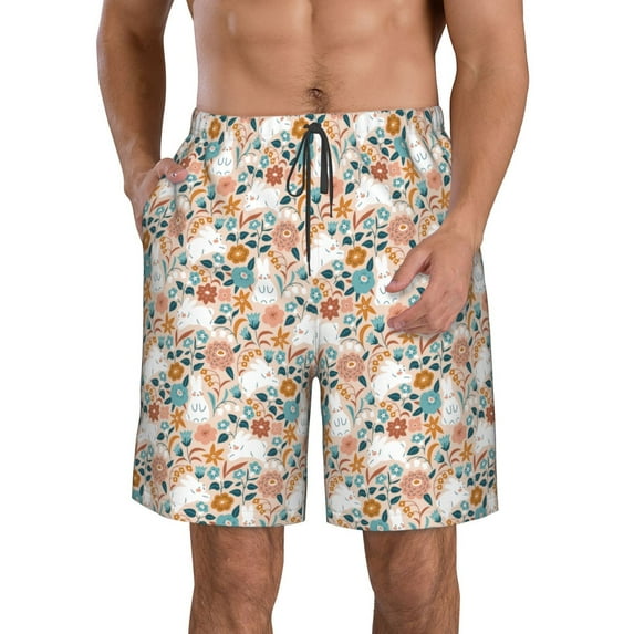Naloa Cute Rabbit Floral Men's Beach Shorts, Surfing shorts, Swim trunks, Quick Dry Swim Trunks for Surfing Beach Fun - 3X-Large