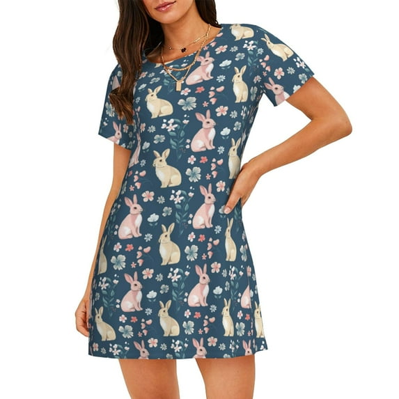 Naloa Cute Rabbit Floral Print Women Nightgowns,Womens Loungewear,Short Sleeve Sleepwear,Comfy Ladies Nightdress