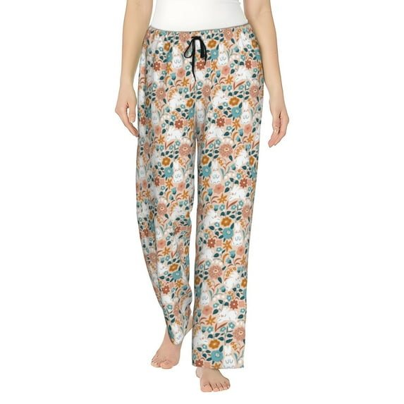 Naloa Cute Rabbit Floral Print Women’s Ultra-Soft Comfy Pajama Lounge Pants with Pockets & Drawstring