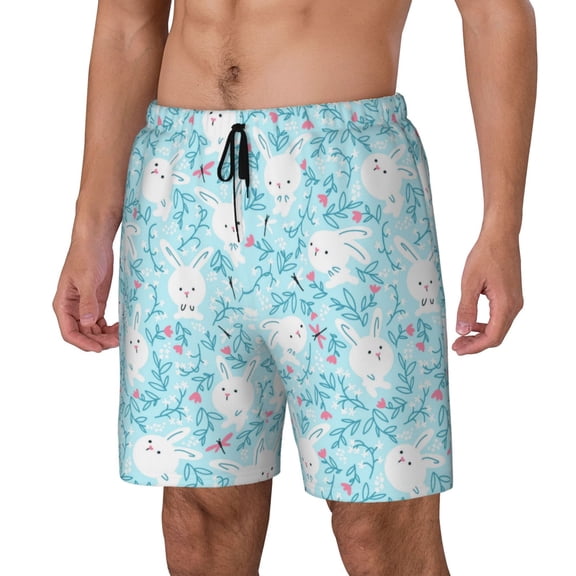 Naloa Cute Rabbit Print Men Swim Trunks with Compression Liner ,Board Shorts,Men's Swim Shorts with Drawstring and Elastic Waistband-Small