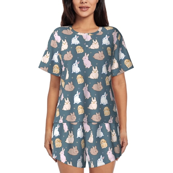 Naloa Cute Rabbit Women's Short-Sleeved Pajama Set, Loungewear, Summer pajamas, Breathable Cozy - Medium