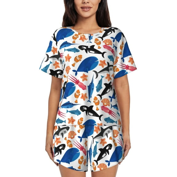 Naloa Cute Sea Animals Women's Short-Sleeved Pajama Set, Loungewear, Summer pajamas, Breathable Cozy - Small
