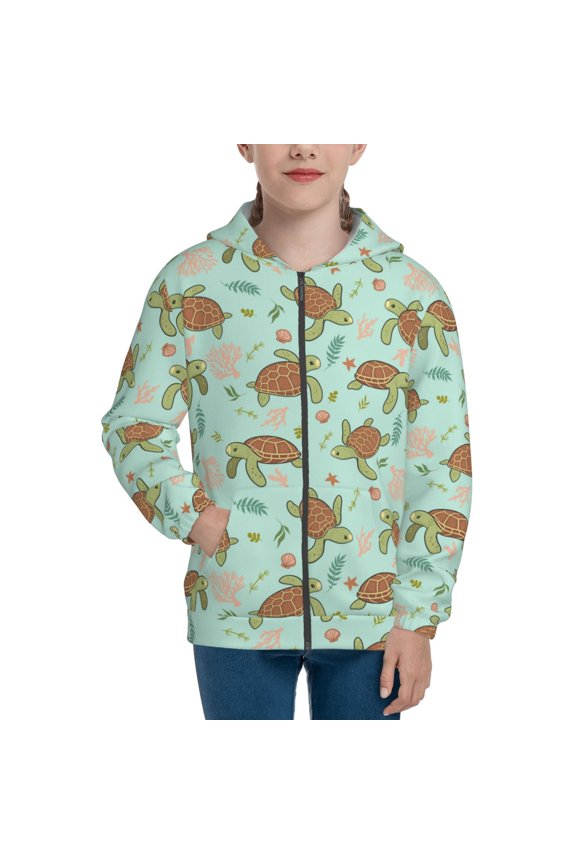 Cute Sea Turtles Teenage Zipper Hoodie, Long Sleeve Zip Up Hoodies Casual Jackets Tops for 7-12 Years-Medium